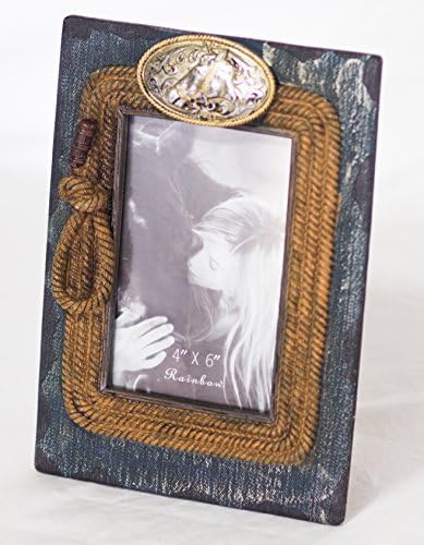 Rustic Western Equestrian Themed Cowboy Picture Frame - Cowboy Jeans, Lasso and Horse Head Belt Buckle - Jeans Lasso and Buckle Frame 4"x6" 9319