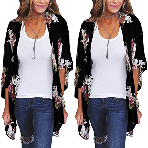 Usstore Women Elegant Print Shawl Kimono Cardigan Blouse Cover Up Beachwear (Black, 3XL) - Thumbnail 2