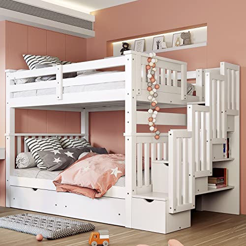 MERITLINE Full Over Full Bunk Bed with Stairs and 6 Storage Drawers