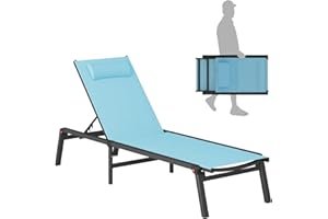 WOAJNQO Aluminum Chaise Foldable Patio Lounge Chair Outdoor,Adjustable 5-Position Recliner Pool Lounge Chair,Full Flat Tanning Chair for Patio,Beach,Pool,Outdoor Lounge Chairs Blue