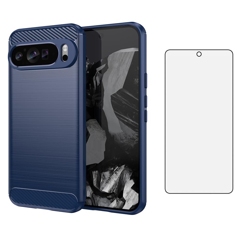 Asuwish Compatible with Google Pixel 9 Pro XL Case and Tempered Glass Screen Protector with Shockproof Wireless Charging Carbon Fiber Phone Cover for Pixel9 9Pro 9ProXL Nine Women Men Blue