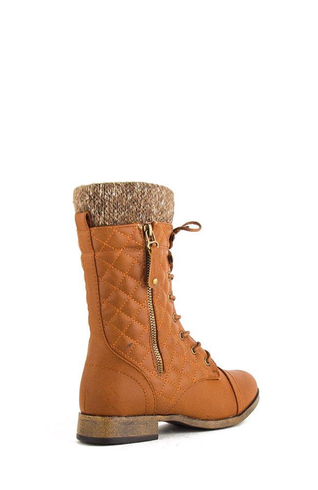 Chase and Chloe Minky-9 Quilted Wool Sweater Combat Boot - Cognac PU - Image 4