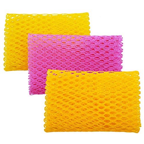 Innovative Dish Washing Net Cloth/Scourer - 100% Odor Free/Quick Dry - No More Sponges with Mildew Smell - Perfect Scrubber for Washing Dish - 11 by 11 inches - 3PCS - Yellow/Pink/Yellow or Pin