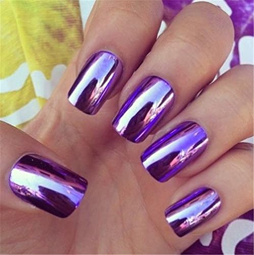 BloomingBoom 24 Pcs 12 Size Full Cover False Fake Nail Artificial Metallic Mirror Effect Press on Chrome Long Salon Design Square Squared Natural Purple