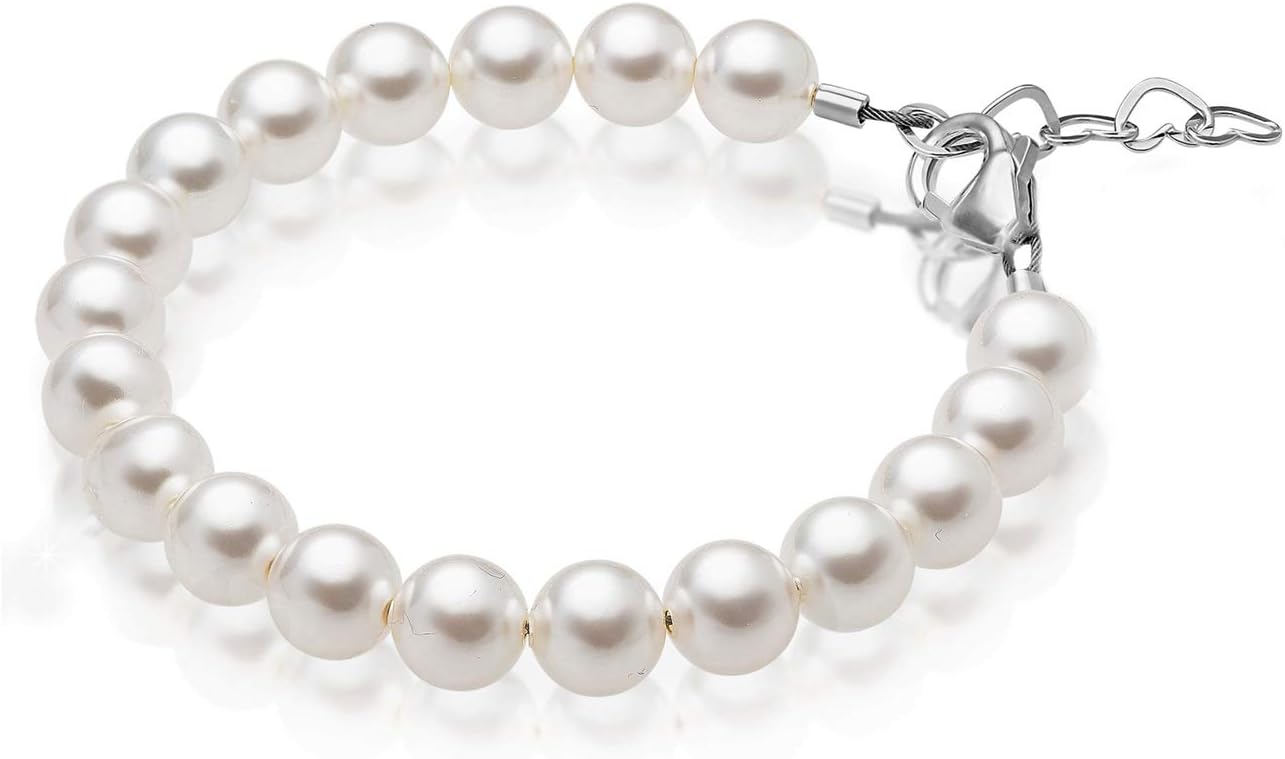 Baby CrystalsSterling Silver Bracelets for Girls with High End White European Simulated Pearls, Elegant Girls Jewelry, Pearl Bracelet for Baby Birthday Gifts Flower Girls, Baptism Keepsake