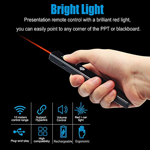 Wireless Presenter Rechargeable,Promi Presentation Remote with Red Light, Volume Control - 2.4GHz PowerPoint Clicker for Classroom, Lecture Hall, Conference Room, Exhibition Hall, etc.(Black)