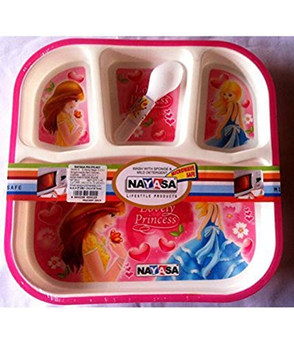 Nayasa Kids partition Plate Deluxe Printed Beautiful Barbie with 1 Spoon & 4 Section/Microwave Safe (Pink)