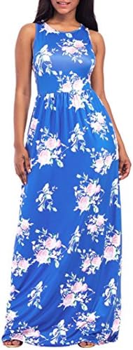 Clearance! ❤️ Wome Dress, Neartime Sexy Floral Print Round Neck Sleeveless Long Loose Casual Beach Floor-Length Dress (❤️AsianXL, Blue)