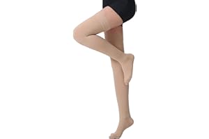 MGANG Thigh High Compression Stockings, Closed Toe, Pair, Firm Support 20-30mmHg Gradient Compression Socks with Silicone Band, Unisex, Opaque, Best for Spider & Varicose Veins, Edema, Swelling, Beige S