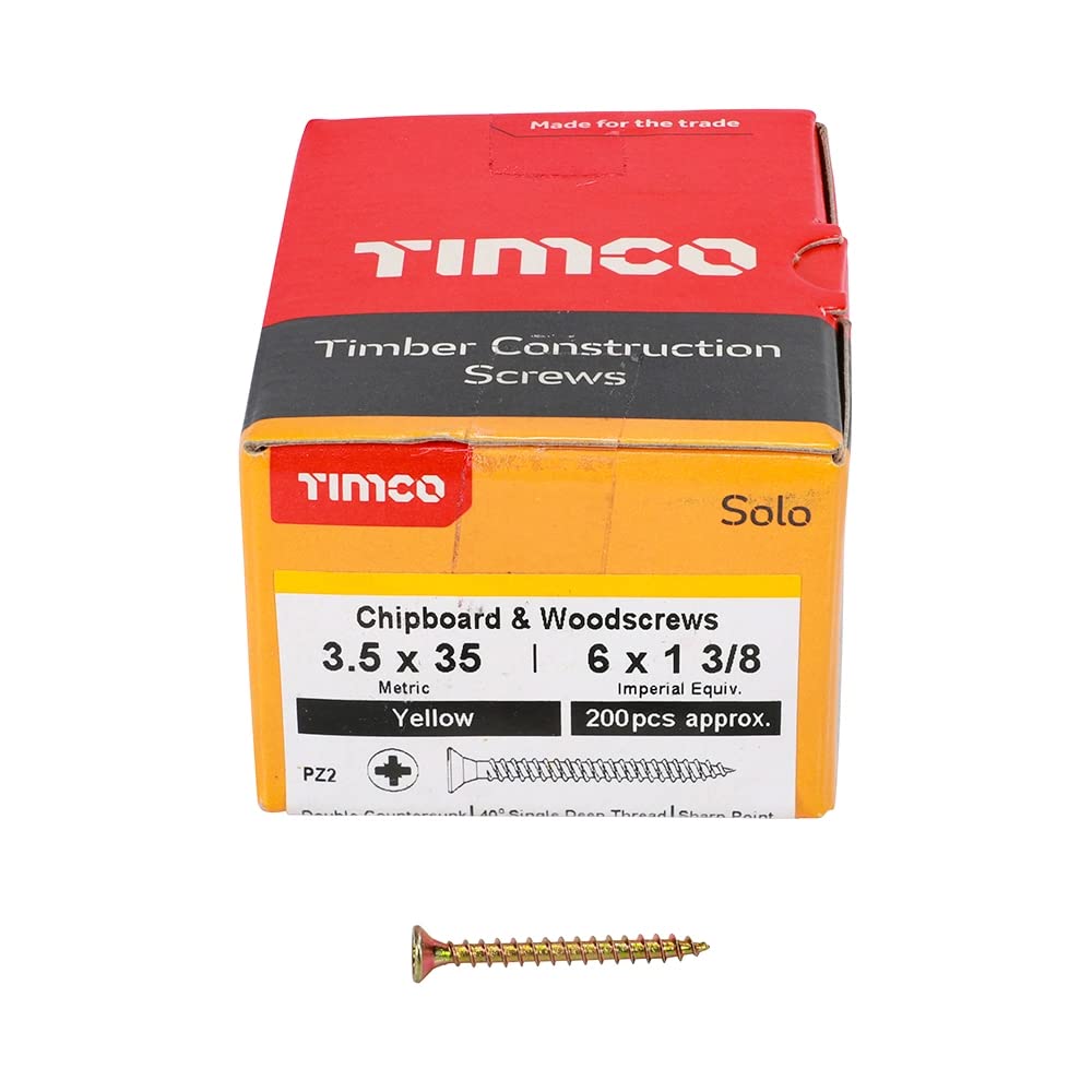 TIMCO Solo Chipboard & Woodscrews - Gold - 3.5 x 35 - Box of 200 - A single thread woodscrew mainly used in various types of timber and man-made boards or into masonry with the use of plastic plug