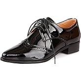 SHEMEE Women's Patent Leather Low Heels Vintage Wingtip Oxfords Pumps Lace Up Pointed Toe Flat Retro Brogues Dress Shoes
