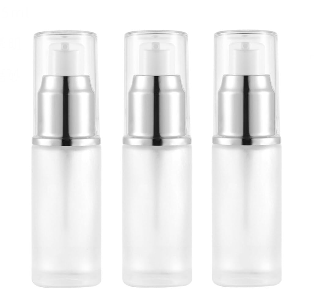 3 Pcs 60ml 2oz Frosted Glass Pump Bottles Refillable Travel Containers for Lotion Essential Oil Foundation Cosmetic Cream Toiletries Translucent Leakproof Mini Dispenser