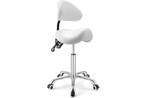 Kaleurrier Saddle Stool Rolling Swivel Height Adjustable with Wheels,Heavy Duty Anti-Fatigue Ergonomic Saddle Chair for Hair Beauty Salon Lab Dental Massage Office Home Kitchen (with Back, White)