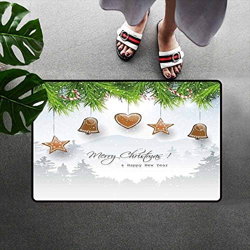 Wang Hai Chuan Christmas Inlet Outdoor Door mat Gingerbread Cookies Hanging from Fir Branches Forest Silhouette Catch dust Snow and mud W31.5 x L47.2 Inch Light Brown Green Light Grey