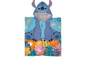 Jay Franco Lilo & Stitch Hooded Poncho Towel for Kids, Soft Absorbent Cotton Bath & Beach Poncho with Hood, Blue, 57 x 30 Inc