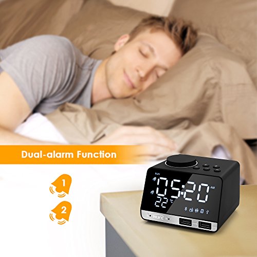 Digital Alarm Clock Radio Thermometer Clock LED Alarm Clock Bluetooth Speaker, Alarm Clock with USB Charging, Snooze, Portable Clock, AUX TF Card Play