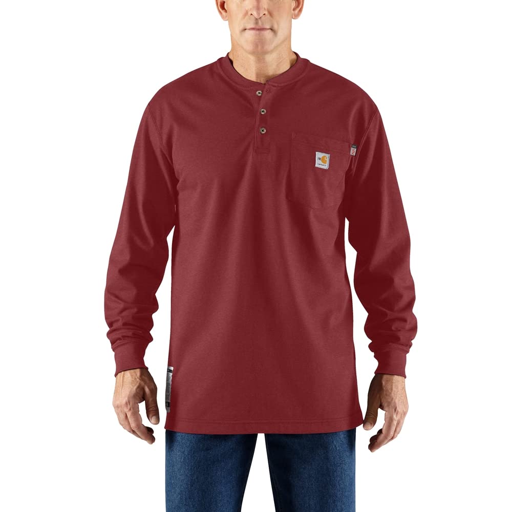 Carhartt mens Flame Resistant Force Cotton Long Sleeve Henley, Dark Barn Red, Medium Tall US