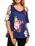 Sherosa Women's Floral Print Cut Out Shoulder Short Sleeve T Shirt Tops Blouse (XL, Blue)
