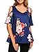 Sherosa Women's Floral Print Cut Out Shoulder Short Sleeve T Shirt Tops Blouse (XL, Blue)
