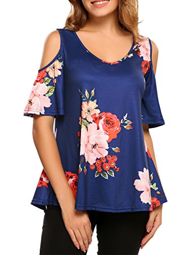 Sherosa Women's Floral Print Cut Out Shoulder Short Sleeve T Shirt Tops Blouse (XL, Blue)