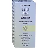 Trader Joe’s Daily Facial Mineral Sunscreen Broad Spectrum SPF 40 Oil Free Clear Color Gel Formula Fragrance Free Water Sweat Resistant, 1.70 Fl Oz