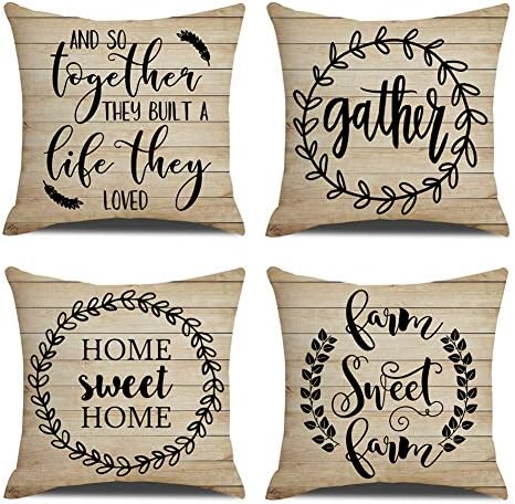 KACOPOL Vintage Wood Background Rustic Farmhouse Quotes Pillow Covers Farmhouse Decorative Cotton Linen Throw Pillow Case Cushion Cover 18" x 18" Set of 4 Farm Sweet Farm, Gather, Home Sweet Home