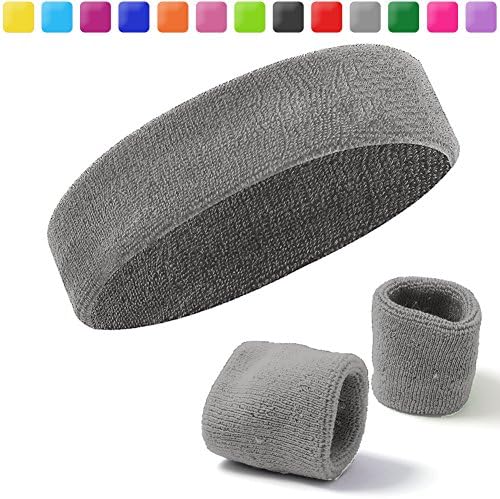 Acokac Basketball Sweatbands Set, Sports Headbands Wristband for Men Women (Grey)