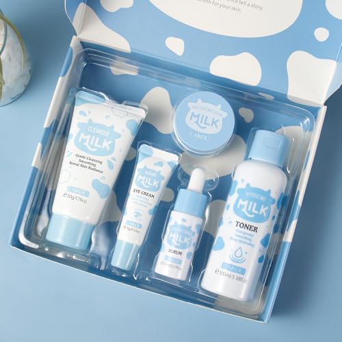 LAIKOU Milk Beauty Gift Sets for Teenage Girls with Cleanser, Cream, Toner, Eye Cream, Serum, Facial Kits for Women Wife Mom, Deep Hydrating Smoothing 5pcs