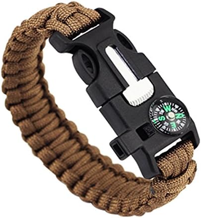 1Pcs 9" Multifunctional Paracord Bracelet Sahara Sailor Outdoor Survival Kit W Compass Flint Fire Starter Scraper Whistle For Hiking Camping Emergency More (Brown HR01)
