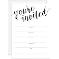 Canopy Street Black And White All Occasion Script Invitations / 25 Fill In General Use Invites / 5" x 7" Flat Modern Shower Party Or Event Invitation/Made In The USA