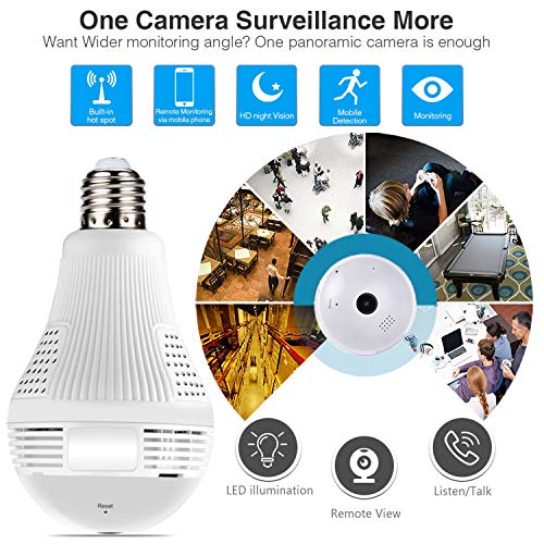 Wireless 1080P Bulb Camera WiFi Home Security Surveillance 360° Fisheye Lens Panoramic with Two Way Talking, Motion Detection (32G)