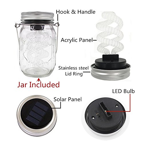 4-Pack Solar-powered Mason Jar 3D Illusion Light Bulb (Mason Jar/Handle Included), Jar Hanging Light,Garden Outdoor Solar / Hanging Lantern,Decor Solar Light,Table Light,Patio Path Light,Warm White - Thumbnail 3