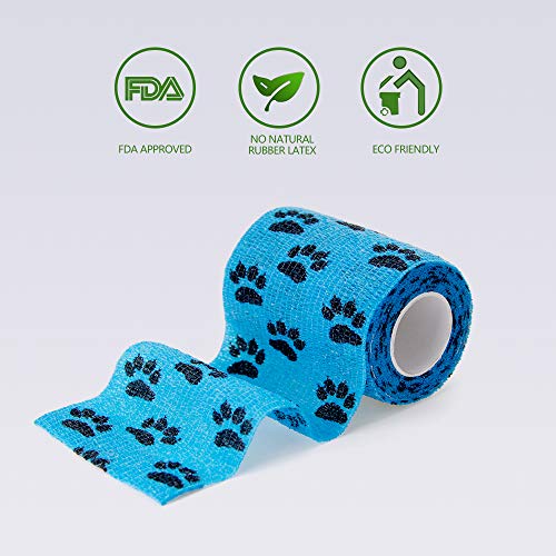 MUEUSS Self Adhesive Bandage First Aid Tape Strong Elastic Blue Claw Wraps for Pets Animals & Ankle Sprains & Medical Support, 3 Inches x 5 Yards, 6 Rolls