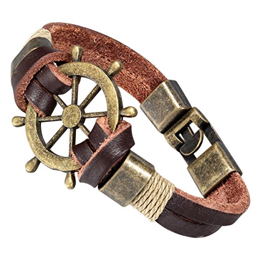 Flongo Retro Bronze Helm Men's Leather Wrap Bracelet, Best Gift, 8 inch Chain