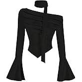 SweatyRocks Women's Ruched Off The Shoulder Going Out Tops Asymmetrical Fitted T Shirt with Scarf