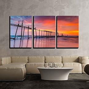 3 Piece Canvas Wall Art - The Old Wooden Bridge - Modern Home Art Stretched and Framed Ready to Hang - 16"x24"x3 Panels