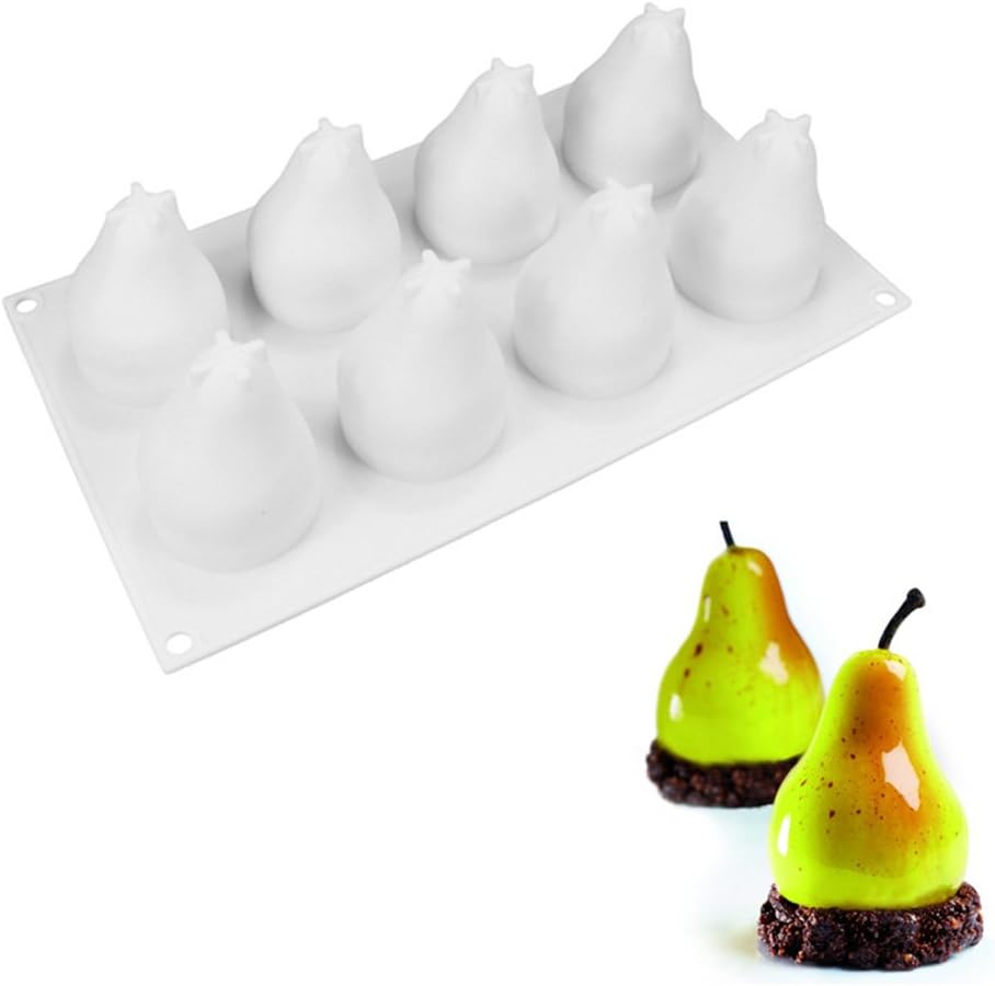 Chige 8 Cavity Pear Candy Mold Trays, Silicone Baking Pan - Food Grade & BPA Free - Not Sticky Cake Decoration Mould For Mousse,Chocolate Brownie,Jelly,Ice Cream,Chiffon,Cheesecake,Fondant