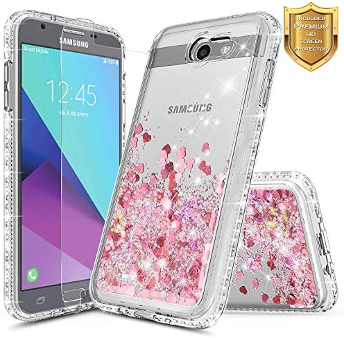 Galaxy J7 Sky Pro Case, J7 Prime /J7 V /J7 Perx/Halo /J7 2017 (J727) w/[Screen Protector HD Clear], NageBee Glitter Liquid Quicksand Waterfall Flowing Sparkle Bling Diamond Girls Cute -Rose Gold