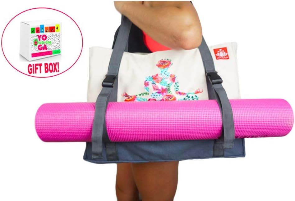 LUCKAYA Large Yoga Mat Tote Bag| Adjustable Straps| Many Compartments | Easy to Carry for Yogis in a Gift Box (Grey)