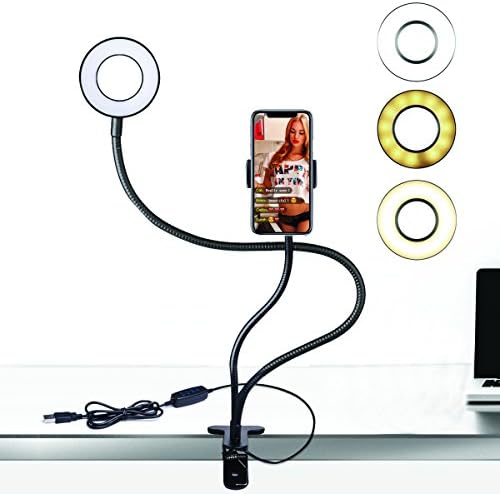 Selfie Ring Light with Phone Holder for Live Stream and Makeup, 360 degree Long Arm Clip-On Table Holder LED Fill-In Light [3-Light Mode] [10-Level Brightness] for iPhone &amp;Android