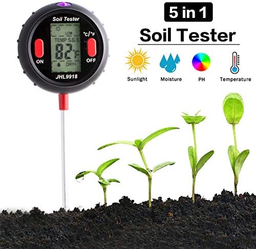 LYCSIX66 Soil Test Kit 5-in-1 Soil pH Tester Electronic Soil Thermometer Light Moisture & Humidity Meter for Houseplants, Outdoor Lawn and Gardening Plants