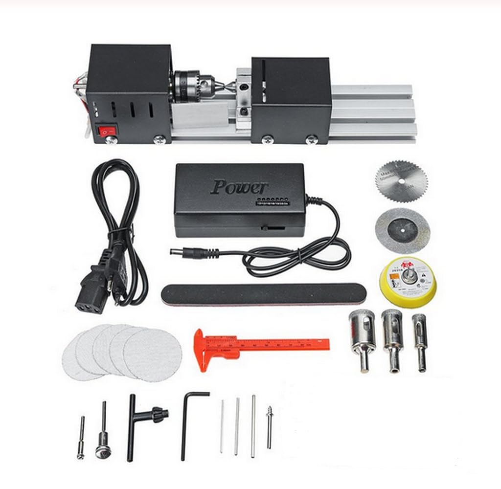 Onetuon Mini Lathe Beads Polisher Machine DIY CNC Machining for Table Woodworking Wood DIY Tool Lathe Standard Set 6 in 1 (Black)