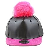 The Hat Depot Premium Quality Faux Fur Pom Pom Buckle Closure Flat Bill PU Cap