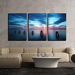 3 Piece Canvas Wall Art - Ocean Sunset - Modern Home Art Stretched and Framed Ready to Hang - 16"x24"x3 Panels
