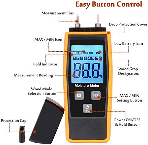 XINGDONG Holzfeuchtigkeitsmesser, LCD-Display mit Hintergrundbeleuchtung, für Holzfäller und Hausbesitzer zum Messen von… – Bild 6