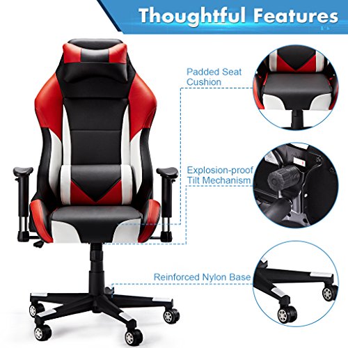 Sedia-Gaming-SLYPNOS-Gaming-Chair-Economica-di-Finta-Pelle-Alta-1315-cm-Inclinazione-fra-90-e-135-Portata-136-kg-Cuscini-Lombare-e-Testa-Amovibili-e-Flessibili-Rossa