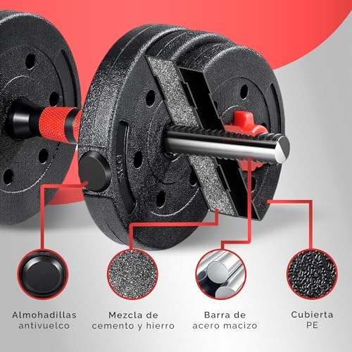 Juego de Mancuernas Ajustables 2 en 1-10kg 20kg 35kg - Kit de Pesas con Barra Recta Ajustable y Antideslizante - Pesas y Mancuernas Discos Recubiertos y Agarre Antideslizante - 20 kg
