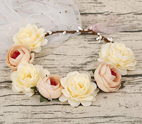 Thunaraz Women Boho Floral Crown Hair Wreath Flower Headband with Adjustable Ribbon Halo Festival Wedding Party