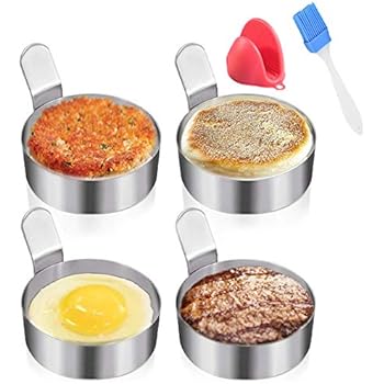 Egg Ring Stainless Steel Omelet Mold Non Stick Cooking Pancake Ring Cooking Tool(3 Inch, 4pack) with 1 Free Oven Glove and 1 Free Oil Bottle Brush.