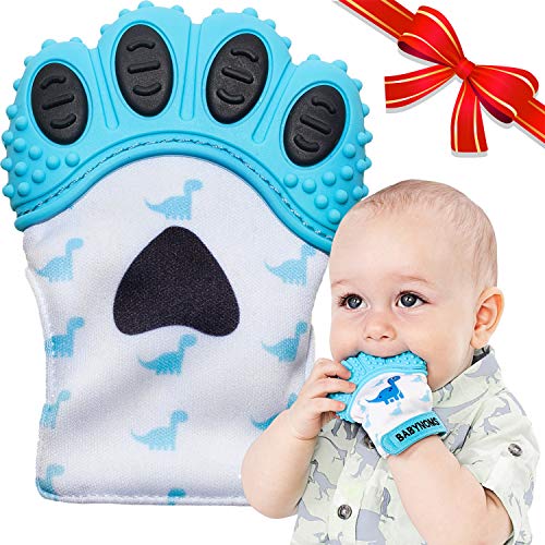 BabyNoms Teething Mitten | The Original Teething Paw | Best Silicone Teething Toys or Teething Ring Provides Self-Soothing Teething Relief | Dino Blue Teether